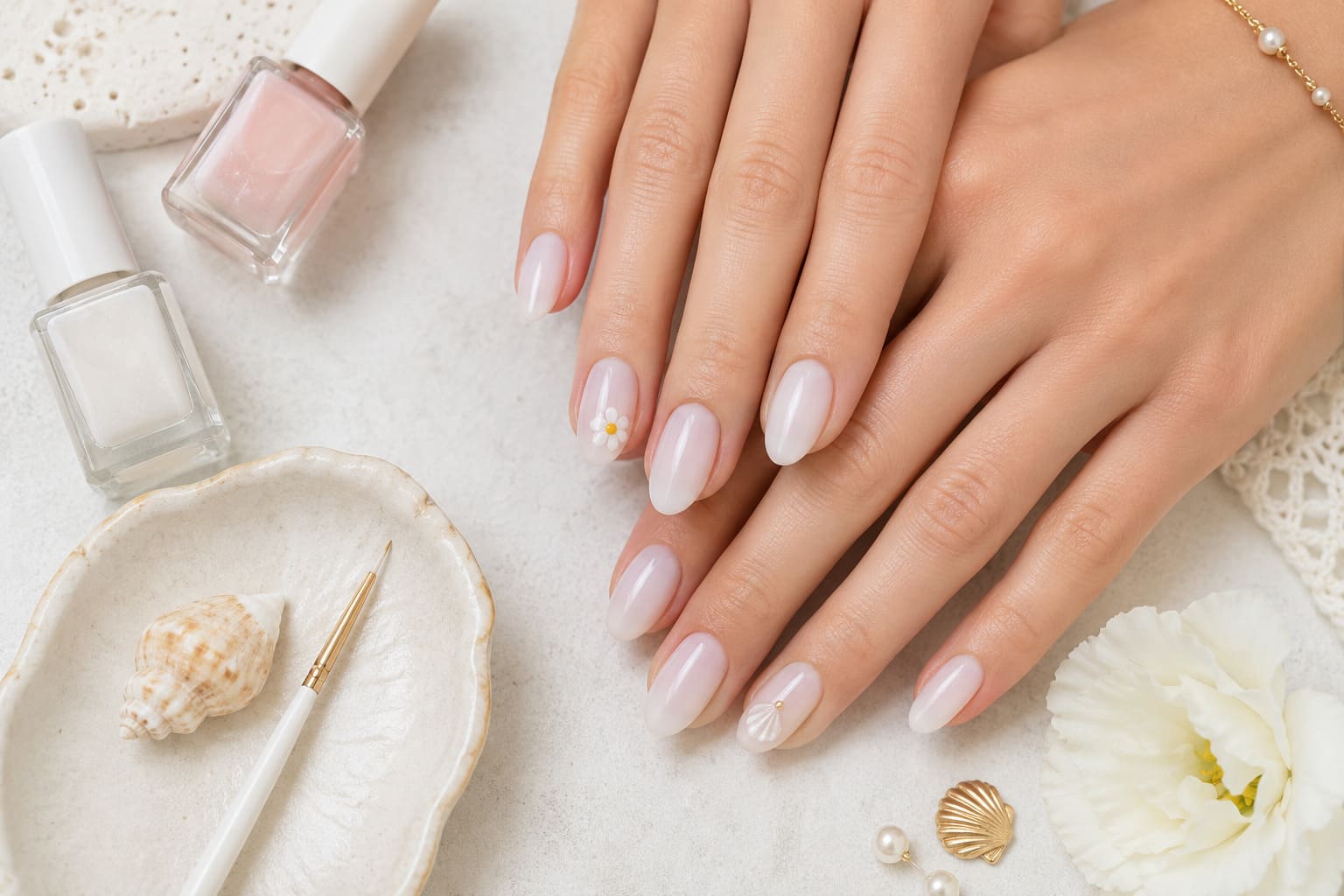 Маникюр milky nails с маленьким летним акцентом
